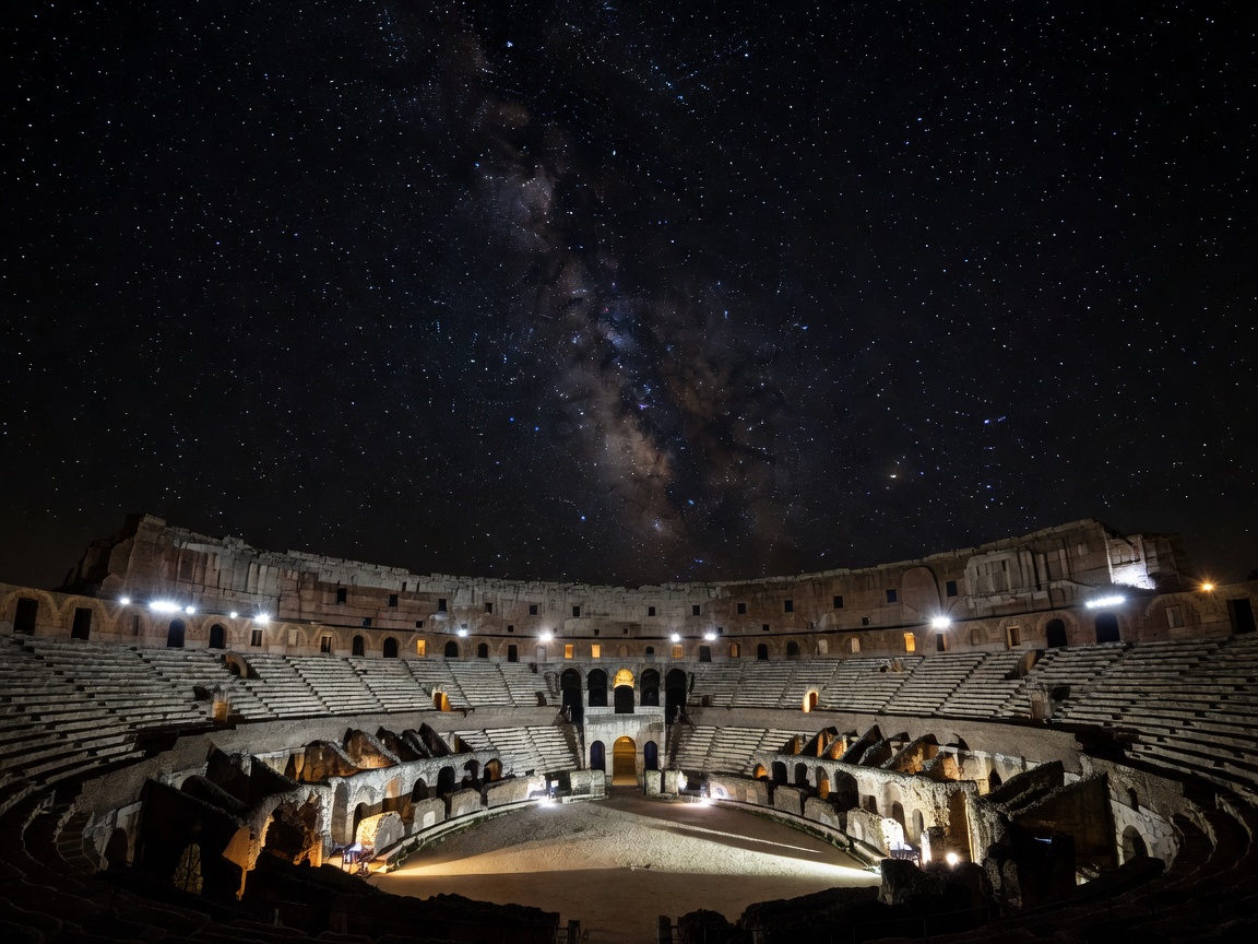 Ancient Roman amphitheater lit with stage lights under starry night sky in Vienne France