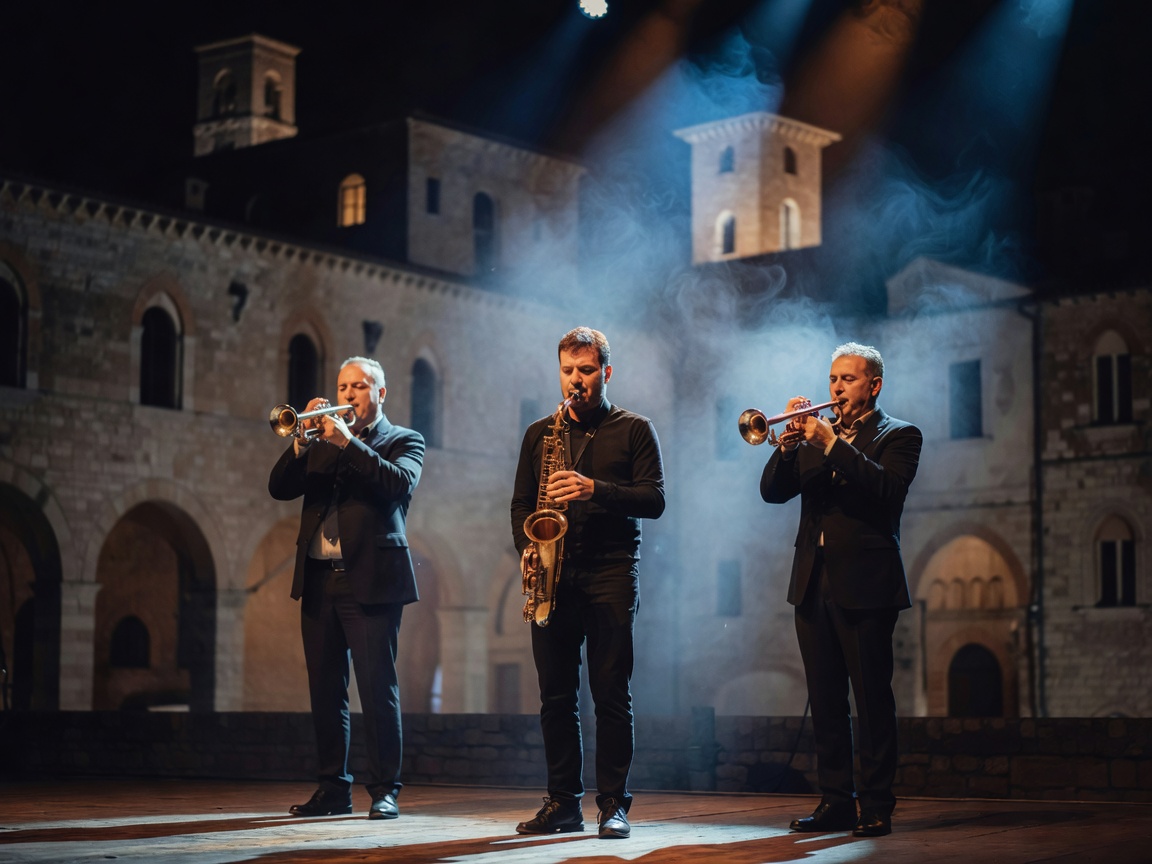 Atmospheric stage performance with saxophonist and trumpet players in Perugia at Umbria Jazz
