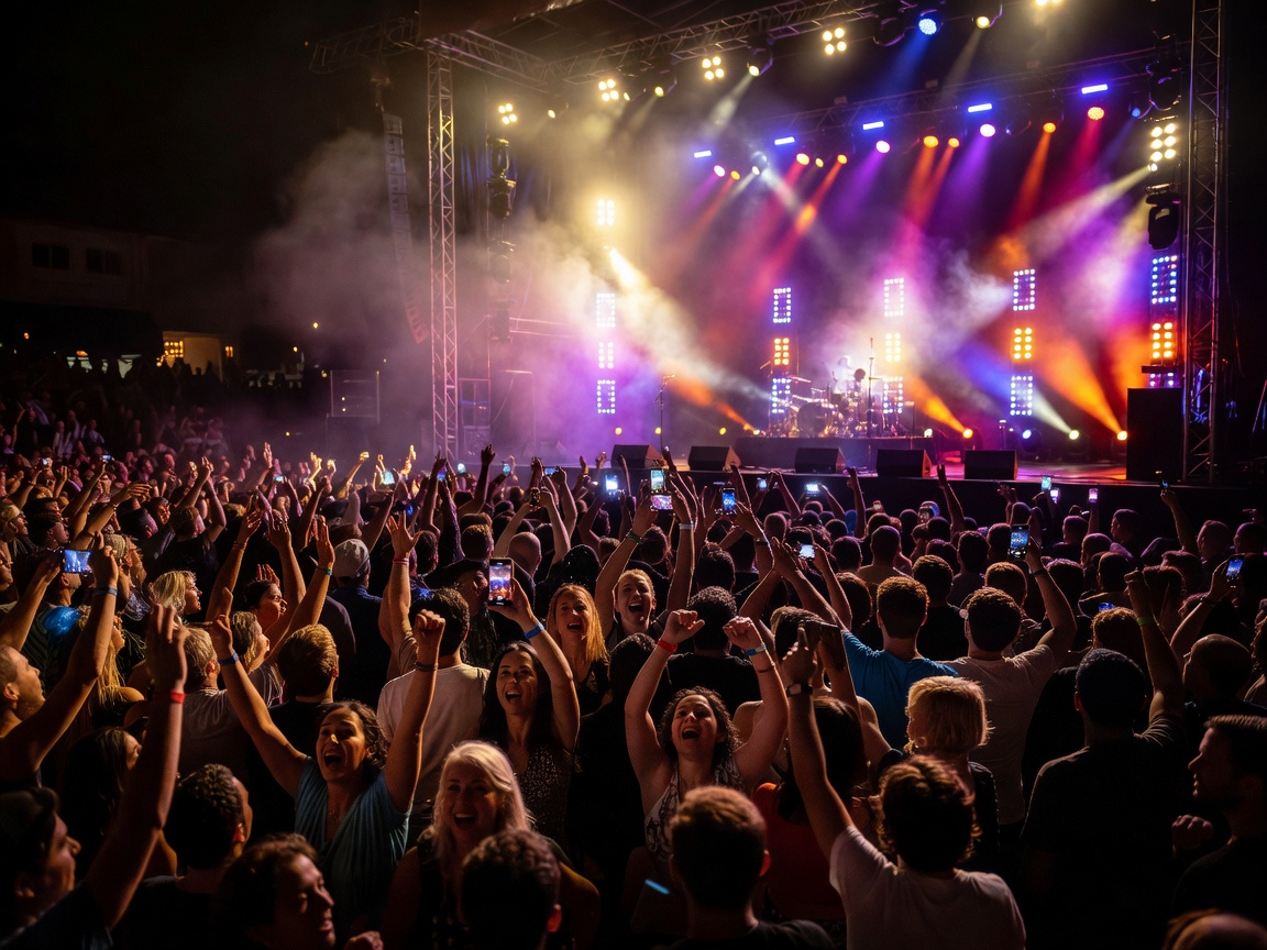 Concert crowd with illuminated stage lights at Montreux Jazz Festival on Lake Geneva