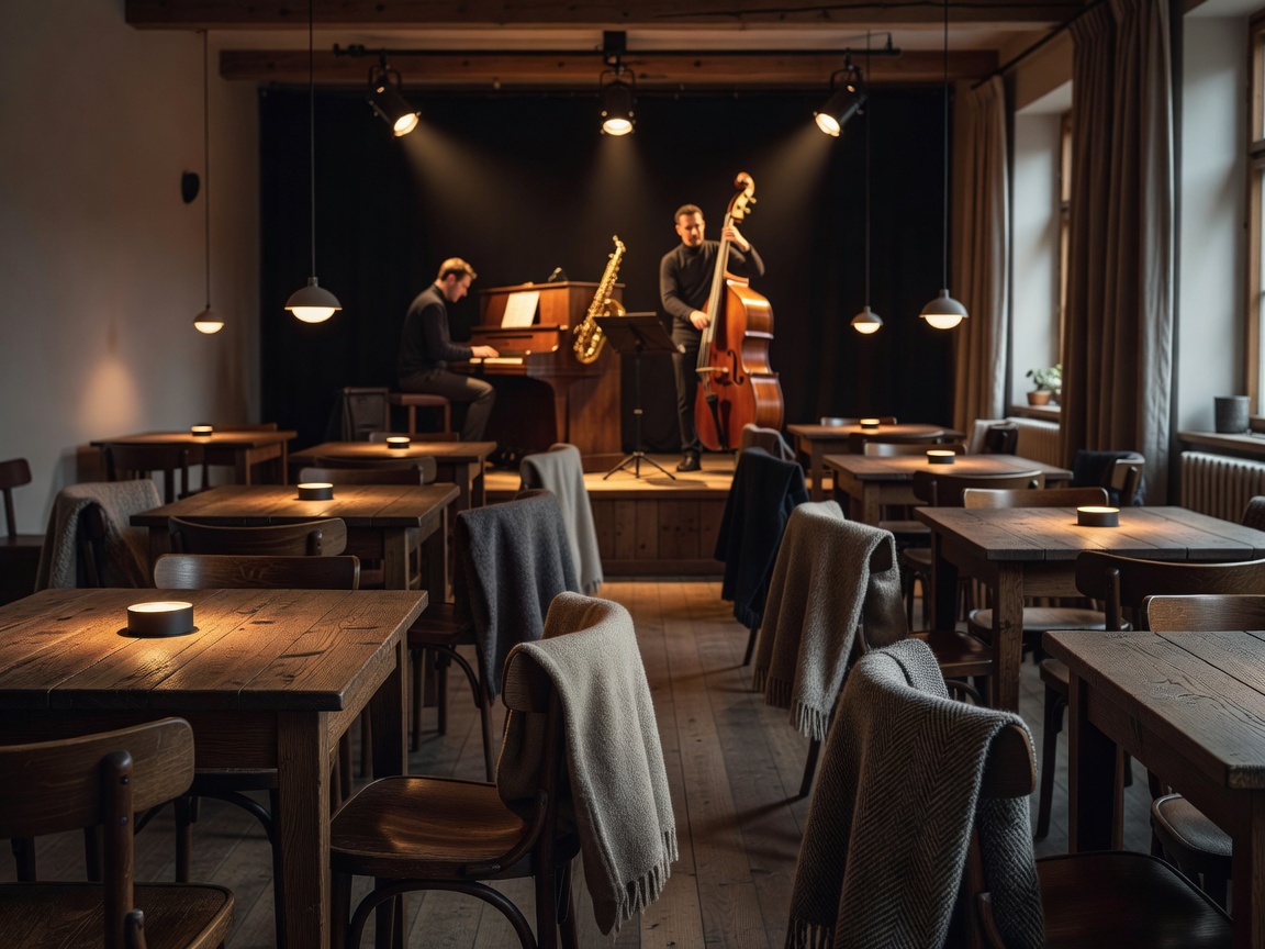 Cozy Scandinavian jazz club interior with wooden tables and stage lighting at Jazzhus Montmartre Copenhagen