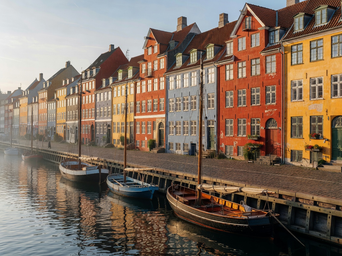 Historic Copenhagen canal with colorful merchant buildings and boats during jazz festival