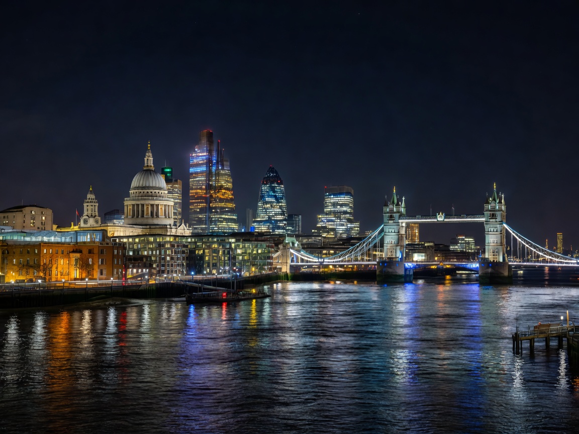 London cityscape illuminated over the Thames river at night during London Jazz Festival