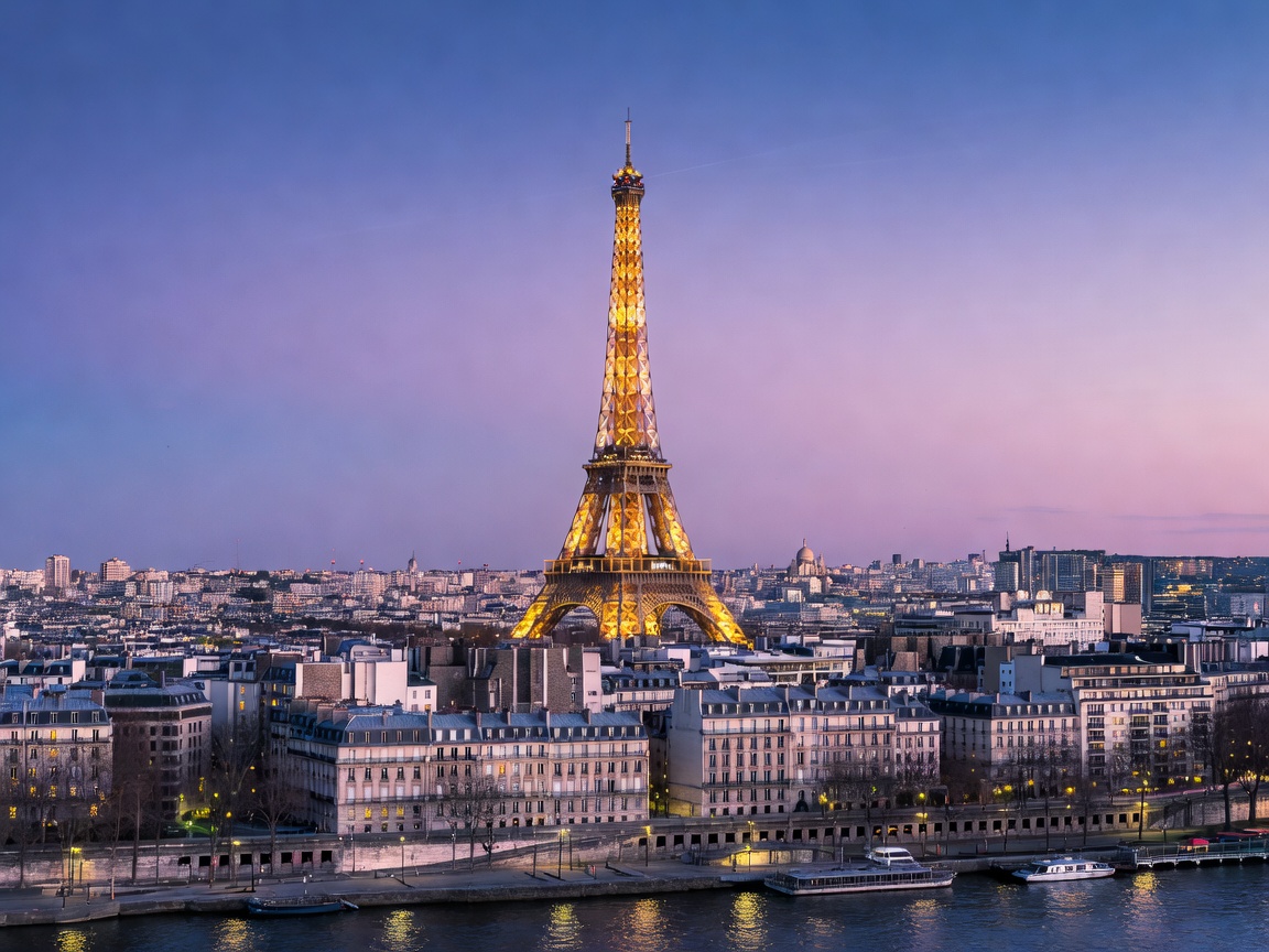 Paris skyline and illuminated Eiffel Tower during twilight jazz season
