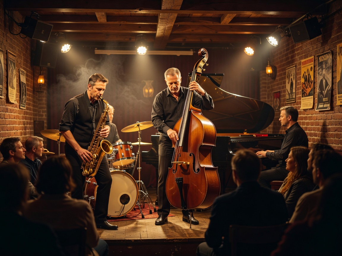 Upright bass and saxophone jazz quartet performing under warm concert lighting in an intimate European jazz club